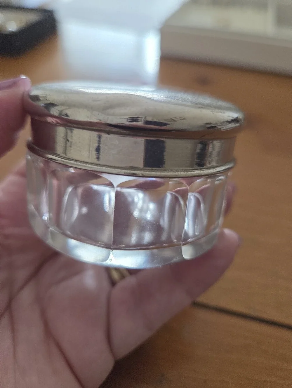 Art Nouveau French Pill Container Pressed Glass With Silver Lid